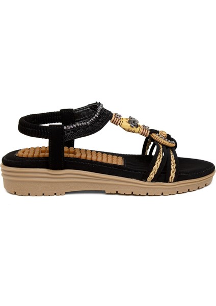24Y120-4 Kadın Masajlı Taşlı Günlük Comfort Sandalet Siyah