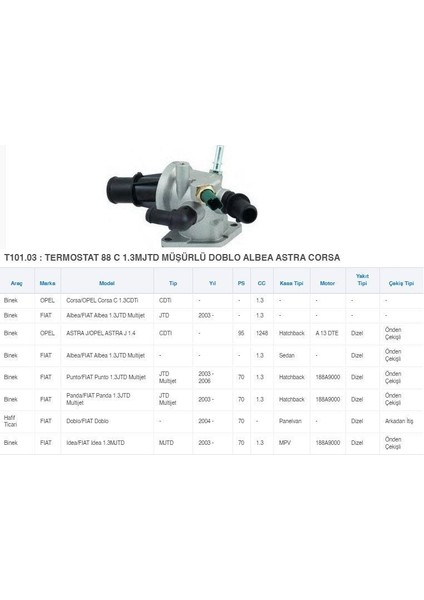 Termostat 88°c 1.3mjtd Müşürlü Doblo Albea Astra Corsa