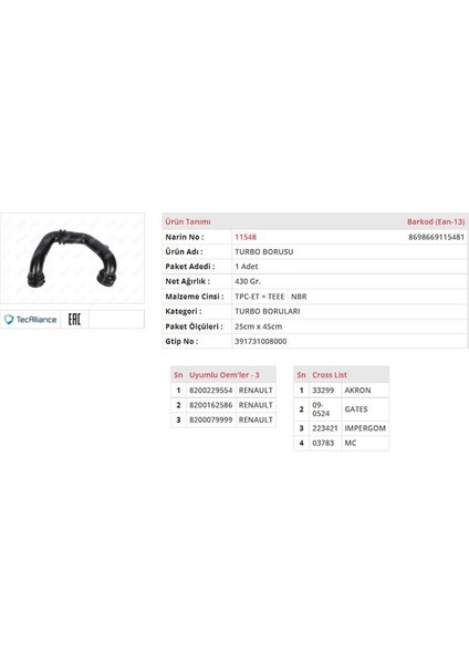 Turbo Borusu Renault Megane I / Scenıc I / Clıo Iı / Kangoo I 1.9dtı.