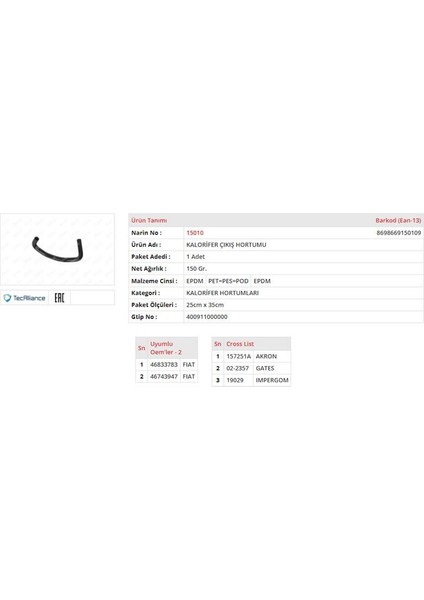 Motor Su Dönüş Hortumu Fıat Palıo / Albea 1.6 16V