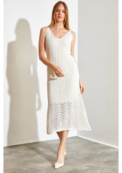 Kadın Askılı Ajurlu Yazlık Triko Elbise