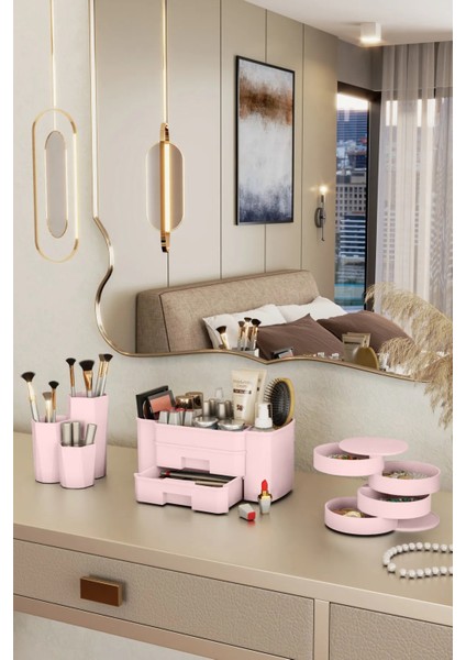 Dovi Home 12,5 Kozmetik Makyaj Takı Düzenleme Kutusu Organizer 3'lü Set 6+ Pembe 30 x 20 Plastik Makyaj