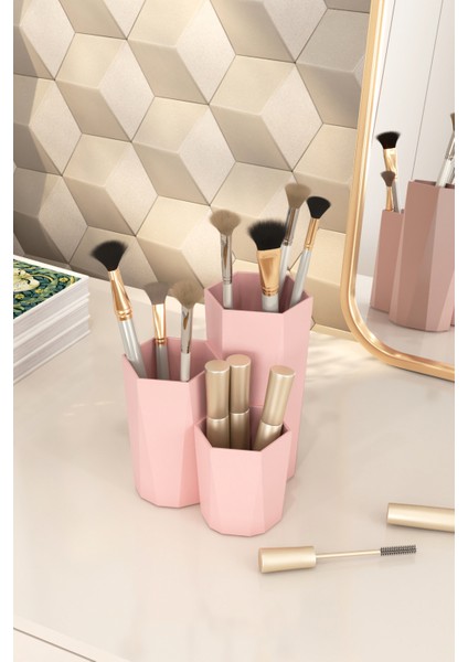 Dovi Home 12,5 Kozmetik Makyaj Takı Düzenleme Kutusu Organizer 3'lü Set 6+ Pembe 30 x 20 Plastik Makyaj