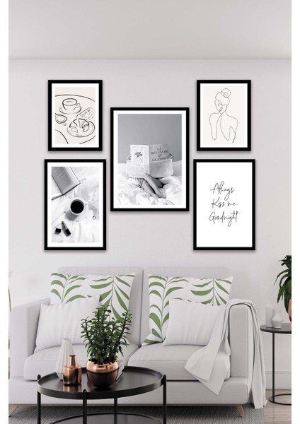 No 77 Decor Ahşap Kahve Kitap Line Art Temalı Tablo Seti Soyut 5 Parça Çok Renkli