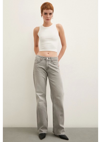 Taş Detaylı Yüksek Bel Wide Leg Jean Füme