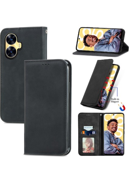 Realme C55 Için Kılıf Deri Çanta Kordon Cüzdan Basit Iş Fermuar (Yurt Dışından)