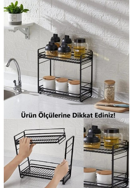 %100 Demir 2 Katlı Metal Tezgah Üstü Mutfak Rafı Masa Üstü Baharat Standı / Çok Amaçlı Katlı Raf Mu