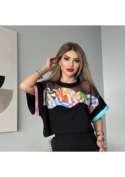 Aze Shop Önü Taşlı Renkli Kadın Bluz Crop