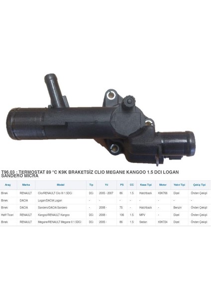 Termostat 89 °c K9K Braketsiz Clıo Iıı 1.5dci 0507 Dacıa Logan 08 Sandero Kangoo Megane Iı 1.5 Dci 05
