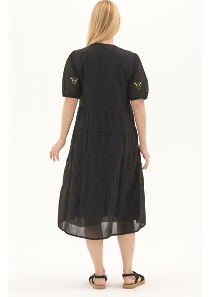 Siyah Kısa Kol Vual Nakışlı V Yaka Uzun Yazlık Elbise indirimleri