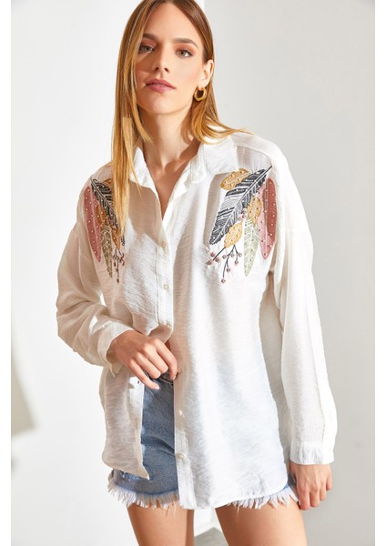 Nakisi Tasli Incili Keten Ayrobin Gömlek