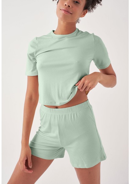 Crop Pijama Sort Takim - Mint modelleri
