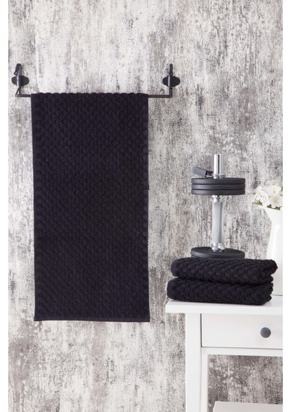 Tekil Ürün 30X90 cm Kare Desen Spor Havlusu 1 Pamuklu Yüz Havlusu Düz Siyah 100% Pamuk 30 x 90