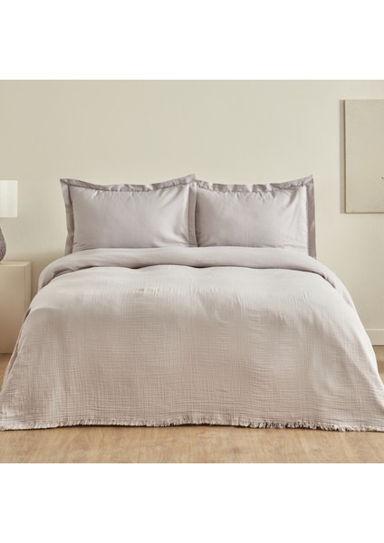 Minel Müslin Çift Kişilik Pike Yatak Örtüsü Seti Buz Gri