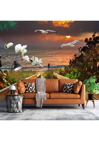 Deniz Kuş Ağaç Çiçek Günbatımı Manzaralı Modern Duvar Kağıdı Baskı