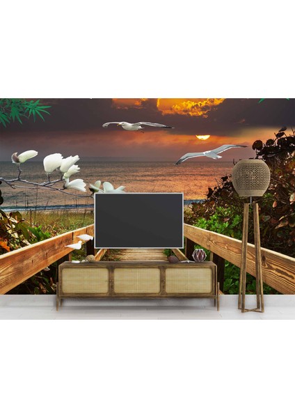 Deniz Kuş Ağaç Çiçek Günbatımı Manzaralı Modern Duvar Kağıdı Baskı fiyatları