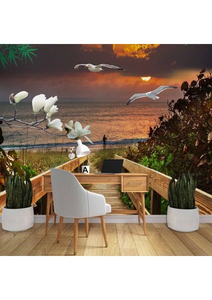 Deniz Kuş Ağaç Çiçek Günbatımı Manzaralı Modern Duvar Kağıdı Baskı fırsatları