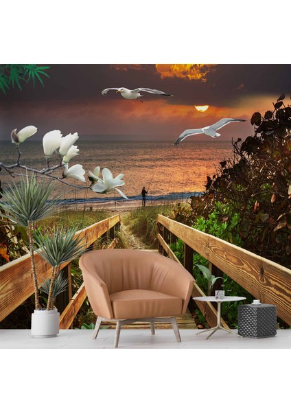Deniz Kuş Ağaç Çiçek Günbatımı Manzaralı Modern Duvar Kağıdı Baskı indirimleri