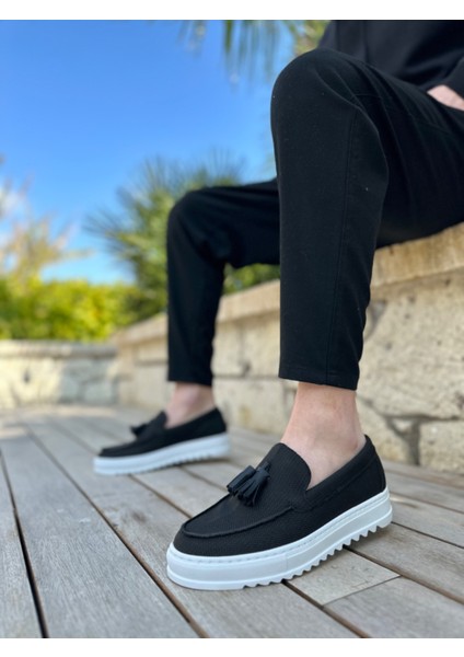 BA0154 Bağcıksız Yüksek Taban Keten Siyah Renk Püsküllü Erkek Ayakkabı