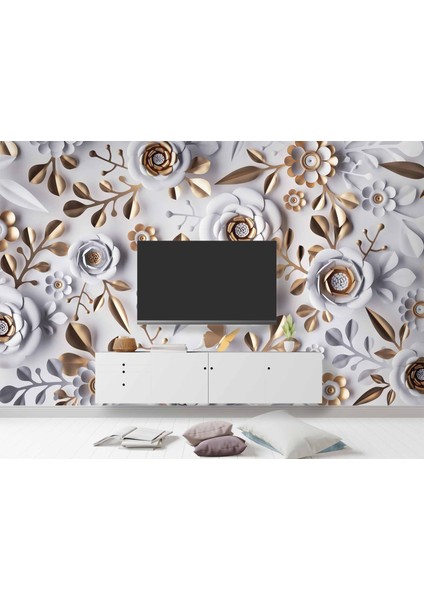 3 Boyutlu Gold-Beyaz Çiçek ve Yaprak Desenli Modern Duvar Kağıdı Baskı modelleri