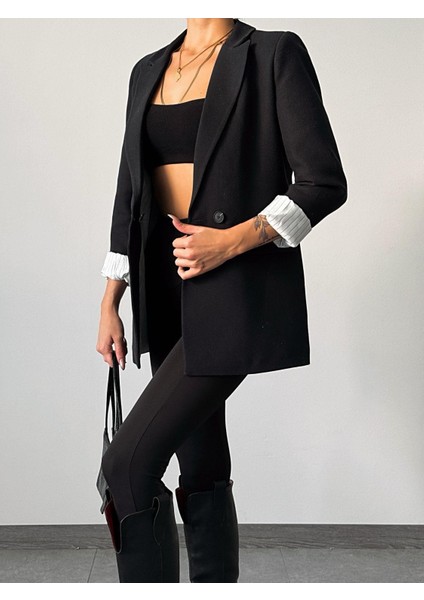 Keten Çift Düğme Çizgi Astarlı Oversize Ceket Siyah