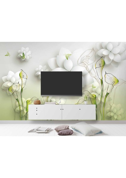 Beyaz Yeşil Çiçek Temalı Modern Duvar Kağıdı Baskı modelleri