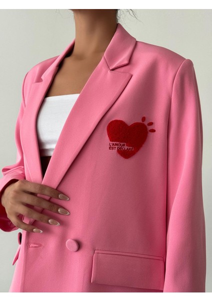 Kalp Nakışlı Ceket Pembe