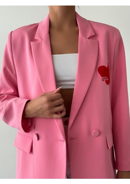 Kalp Nakışlı Ceket Pembe