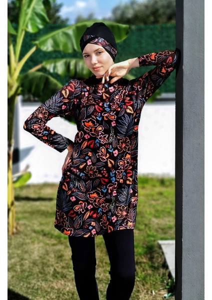 Kırmızı Çiçek Desenli Tam Boy Lycralı Dijital Tesettür MAYO-2416