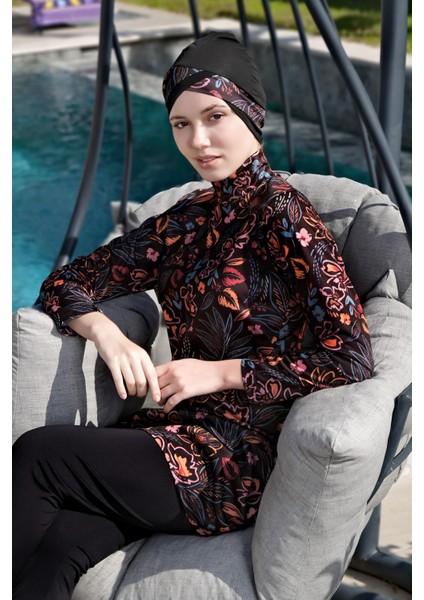 Kırmızı Çiçek Desenli Tam Boy Lycralı Dijital Tesettür MAYO-2416 modelleri