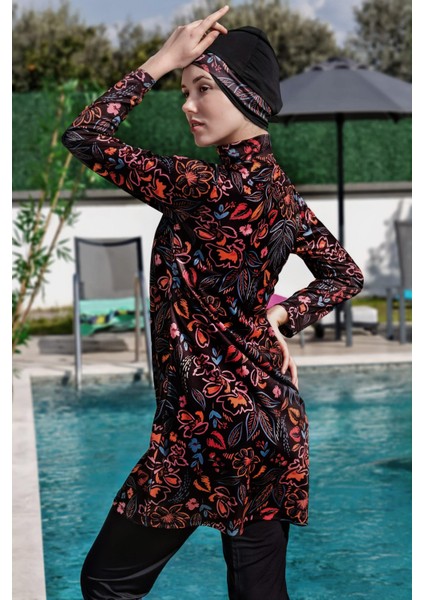 Kırmızı Çiçek Desenli Tam Boy Lycralı Dijital Tesettür MAYO-2416 fırsatları