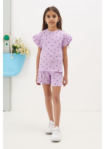 Lila Puantiyeli Şortlu Bluzlu Kız Çocuk Takım 18676