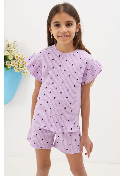 Lila Puantiyeli Şortlu Bluzlu Kız Çocuk Takım 18676 fiyatları
