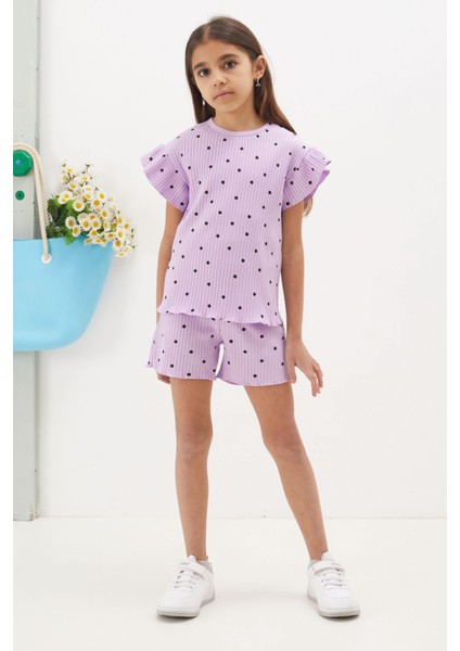 Lila Puantiyeli Şortlu Bluzlu Kız Çocuk Takım 18676 modelleri