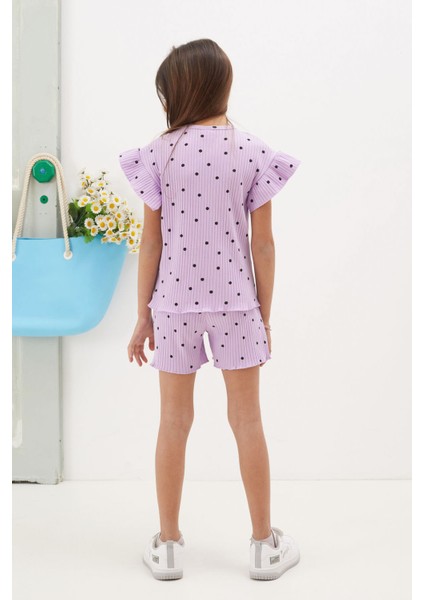 Lila Puantiyeli Şortlu Bluzlu Kız Çocuk Takım 18676 indirimleri