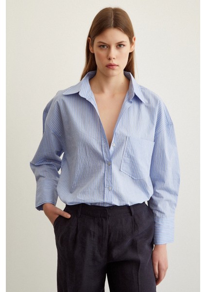 Çizgili Oversize Gömlek Mavi