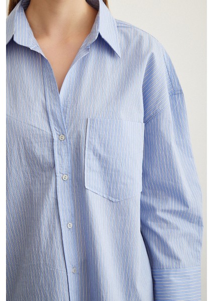 Çizgili Oversize Gömlek Mavi modelleri