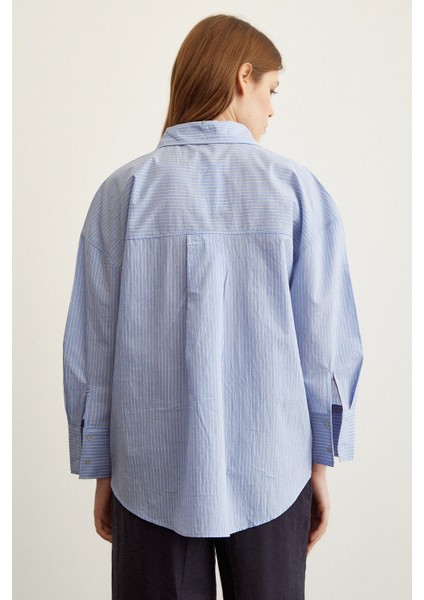 Çizgili Oversize Gömlek Mavi fırsatları