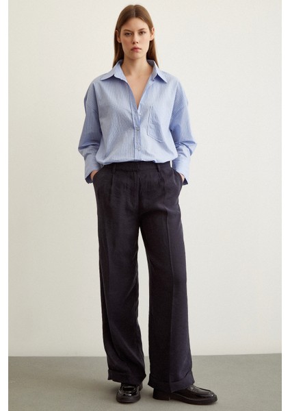 Çizgili Oversize Gömlek Mavi indirimleri