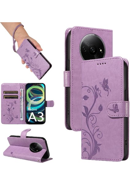 Xiaomi Redmi A3 Için Flip Case El Kayışı ve Kart ile Kabartmalı Kelebek (Yurt Dışından)