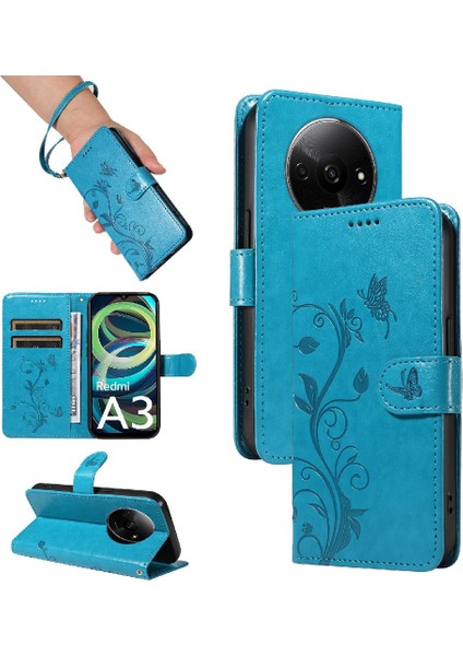 Xiaomi Redmi A3 Için Flip Case El Kayışı ve Kart ile Kabartmalı Kelebek (Yurt Dışından)