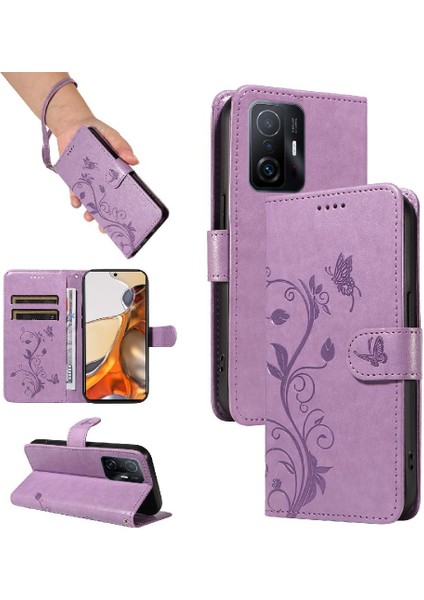 Xiaomi 11T/11T Pro Kabartmalı Kelebek ve Kart Yuvası Cüzdan Kılıf (Yurt Dışından)