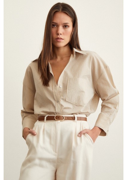 Çizgili Oversize Gömlek Bej