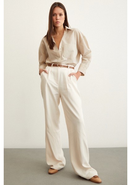 Çizgili Oversize Gömlek Bej fiyatları