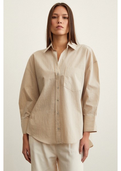 Çizgili Oversize Gömlek Bej modelleri