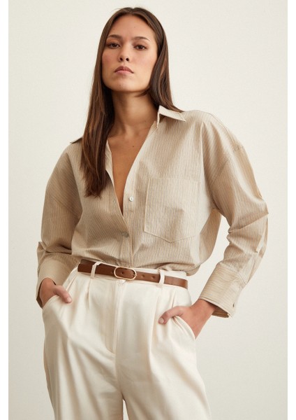 Çizgili Oversize Gömlek Bej fırsatları