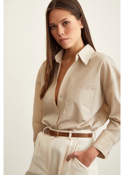 Çizgili Oversize Gömlek Bej indirimleri