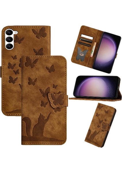 Samsung Galaxy S24 Kart Cep Kabartmalı Kelebek Kedi Flip Folio (Yurt Dışından)