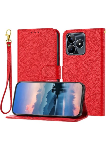 Realme C53 Pu Deri Flip Için Telefon Kılıfı Folio Litchi Desen Kart Yuvaları (Yurt Dışından)