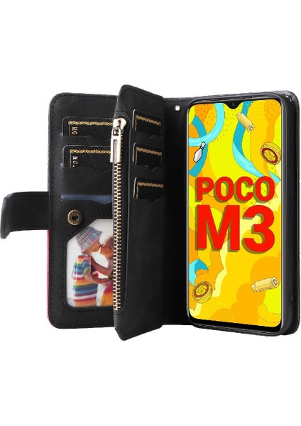 Xiaomi Poco M3 Kart ile Iki Renkli Dikiş Fermuar Cüzdan Tarzı (Yurt Dışından)